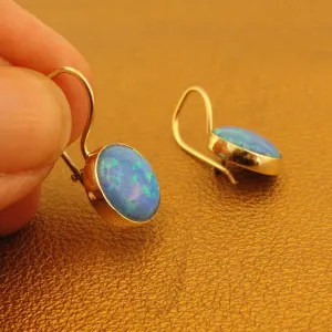 10mm Opal Earrings Classy 9k Yellow Gold Dangle Handmade Hadar Designers (I e78)
