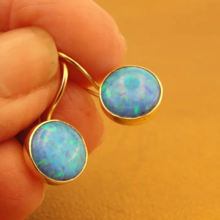 10mm Opal Earrings Classy 9k Yellow Gold Dangle Handmade Hadar Designers (I e78)