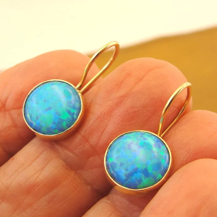 10mm Opal Earrings Classy 9k Yellow Gold Dangle Handmade Hadar Designers (I e78)