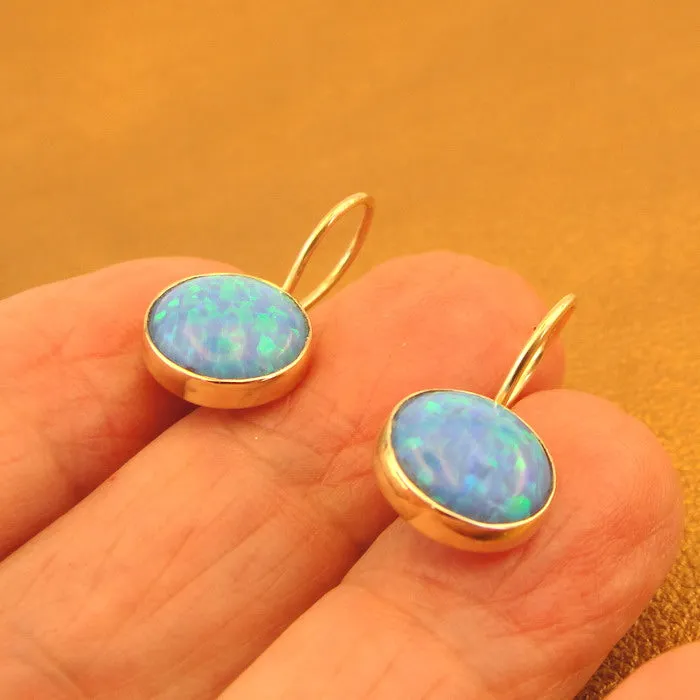 10mm Opal Earrings Classy 9k Yellow Gold Dangle Handmade Hadar Designers (I e78)