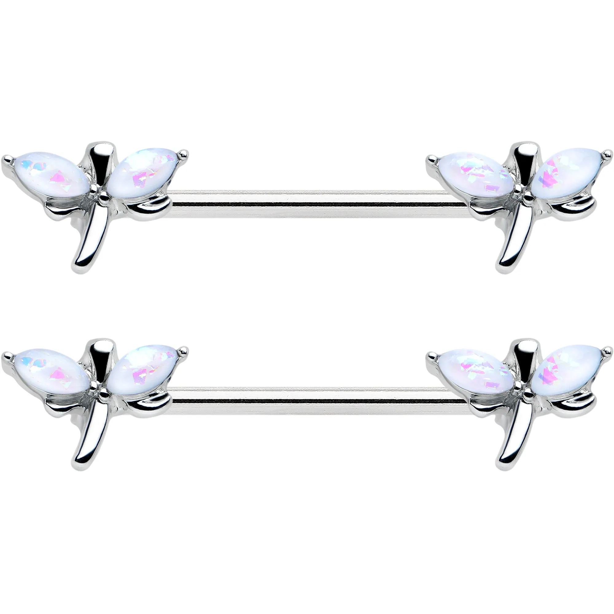14 Gauge 5/8 White Faux Opal Styled Dragonfly Barbell Nipple Ring Set