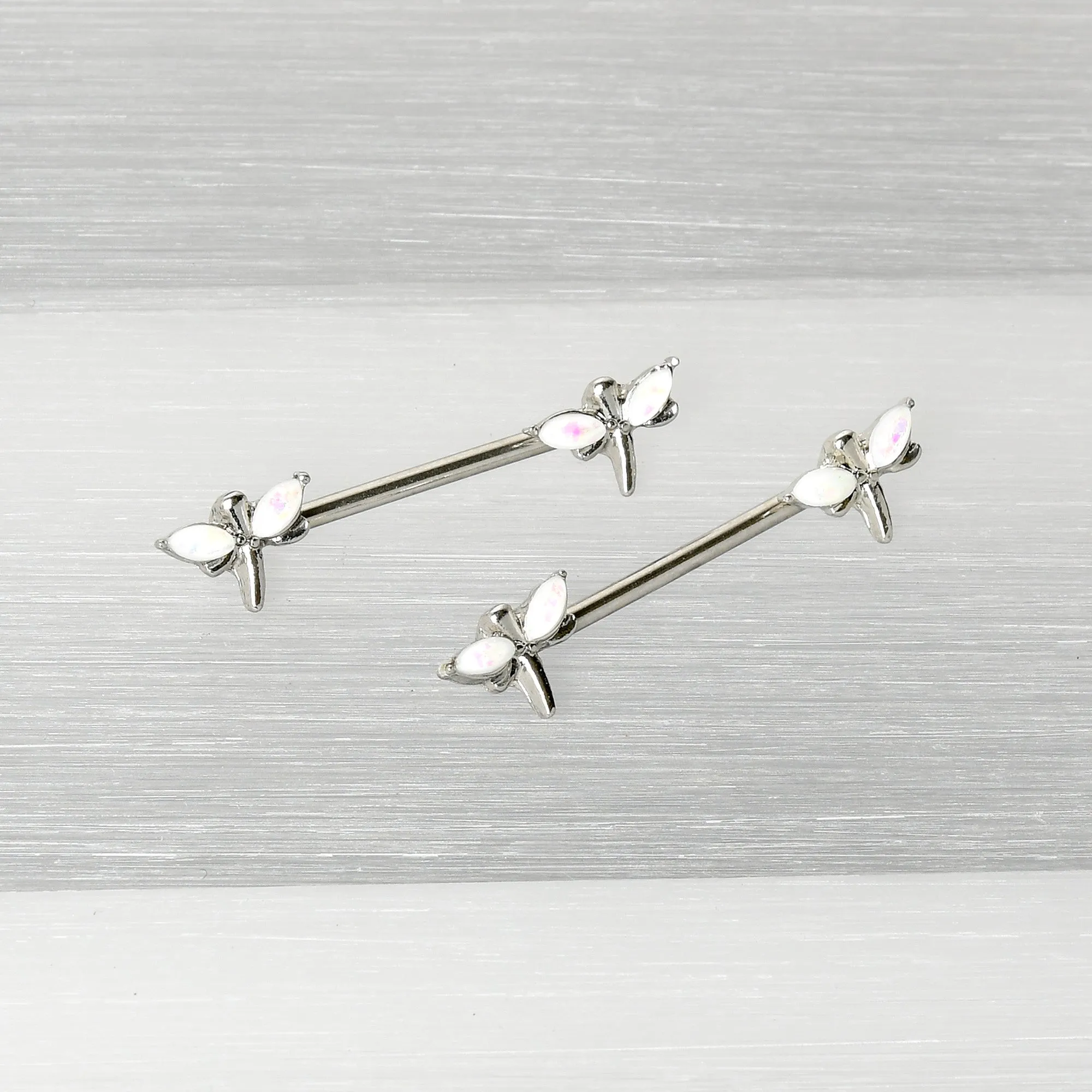 14 Gauge 5/8 White Faux Opal Styled Dragonfly Barbell Nipple Ring Set