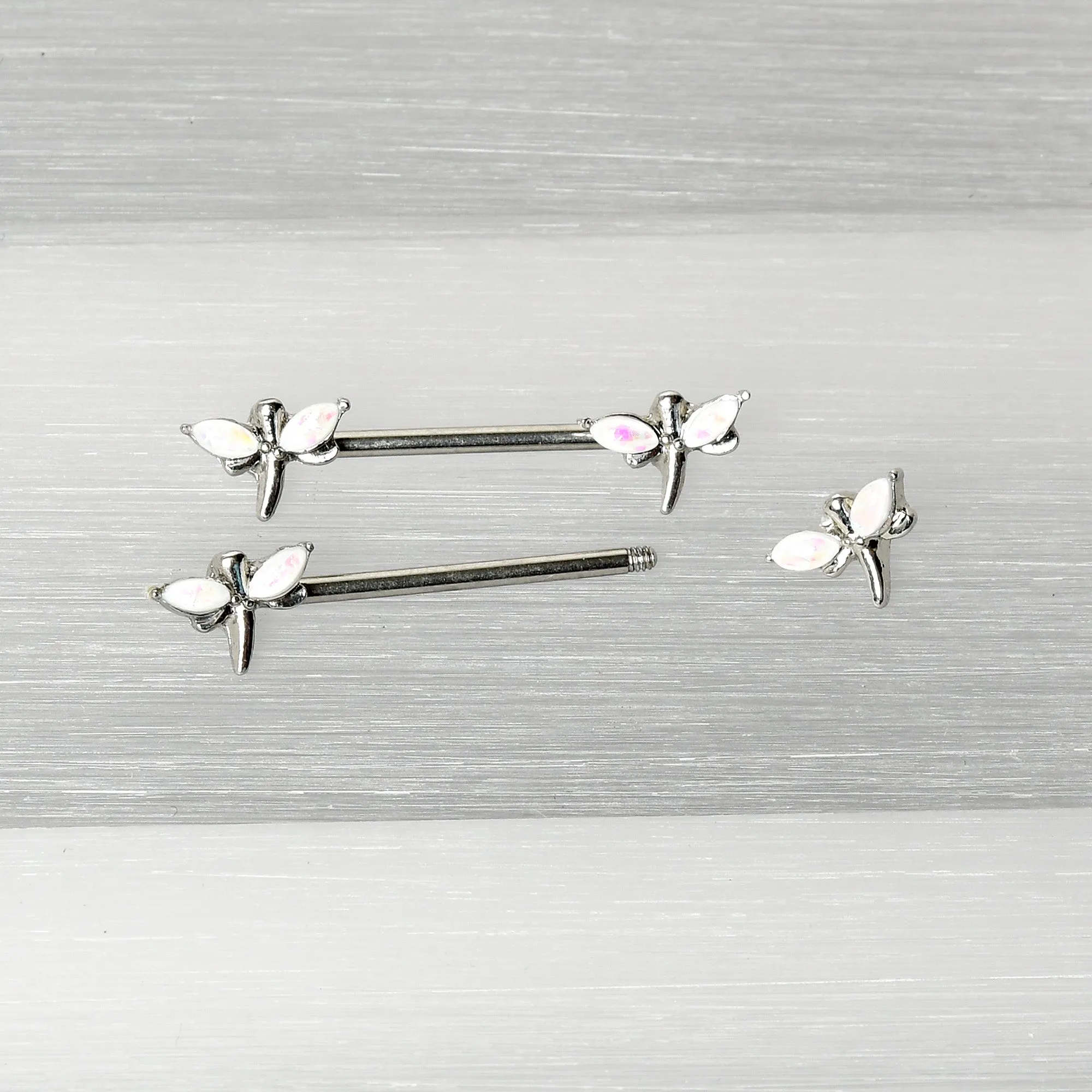 14 Gauge 5/8 White Faux Opal Styled Dragonfly Barbell Nipple Ring Set