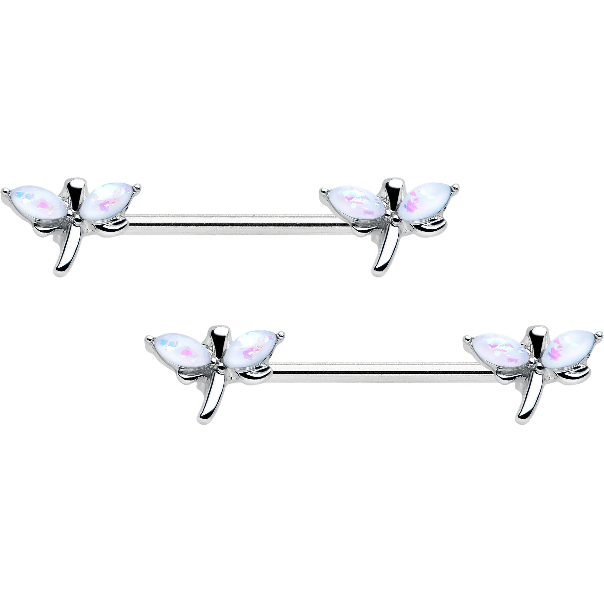14 Gauge 5/8 White Faux Opal Styled Dragonfly Barbell Nipple Ring Set