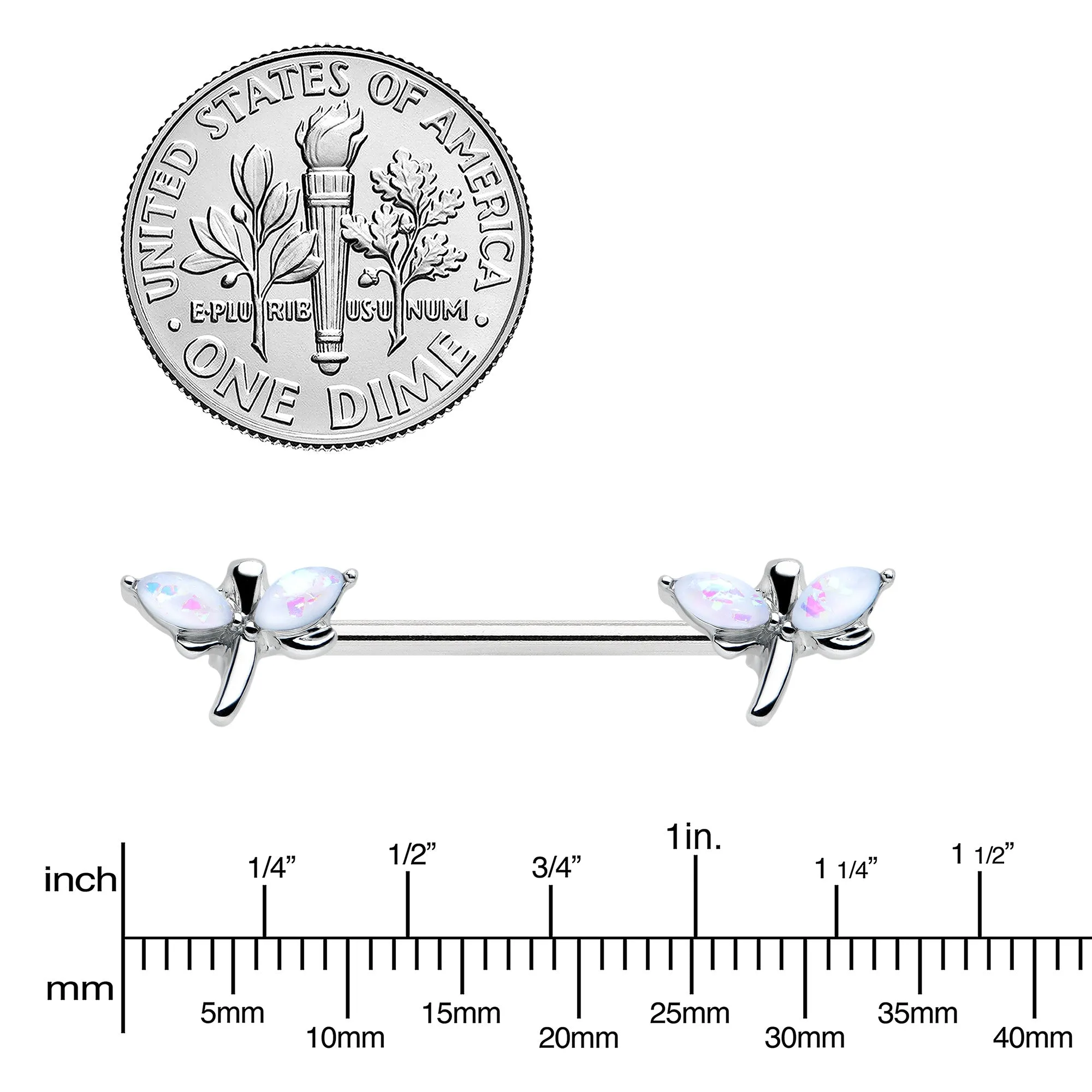 14 Gauge 5/8 White Faux Opal Styled Dragonfly Barbell Nipple Ring Set