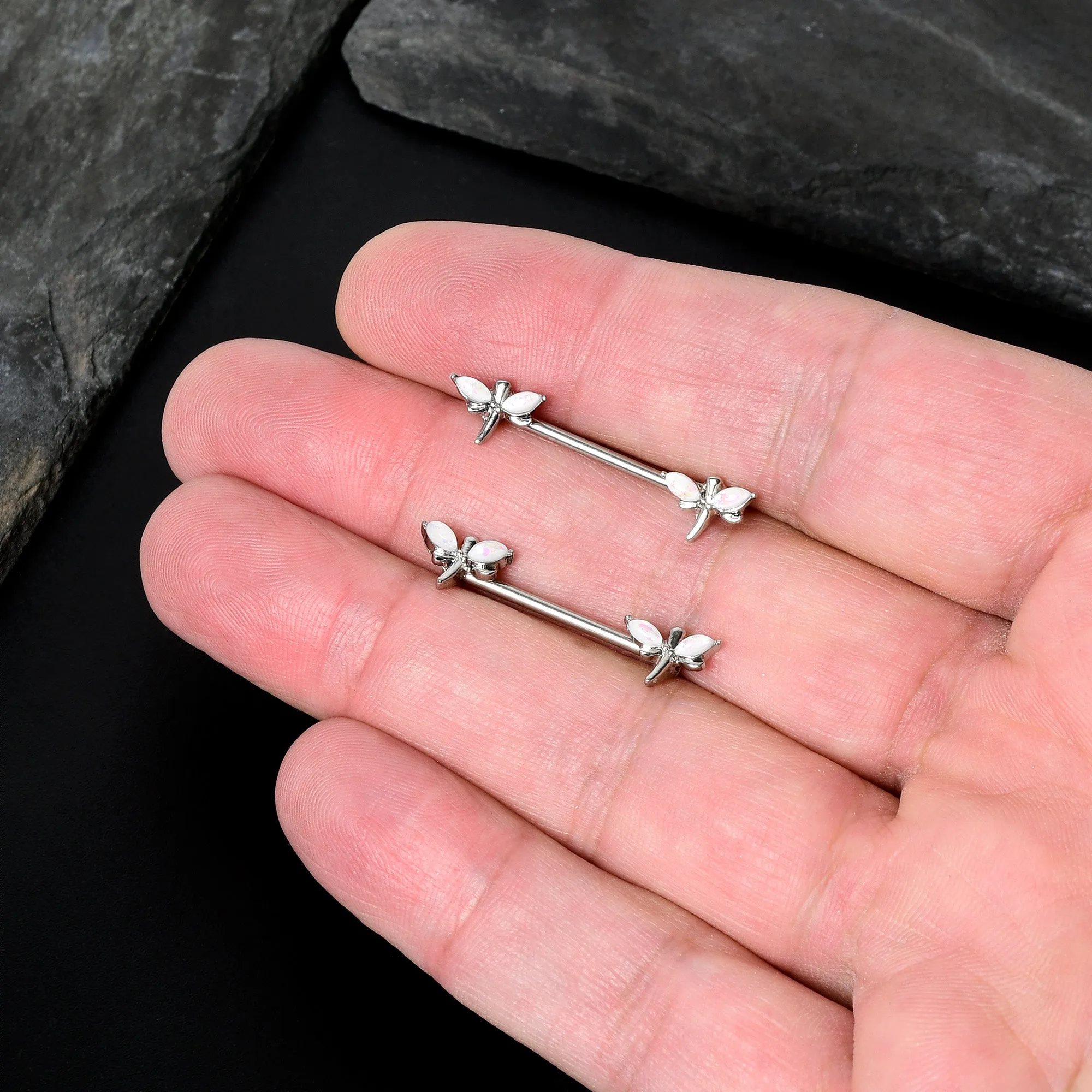 14 Gauge 5/8 White Faux Opal Styled Dragonfly Barbell Nipple Ring Set