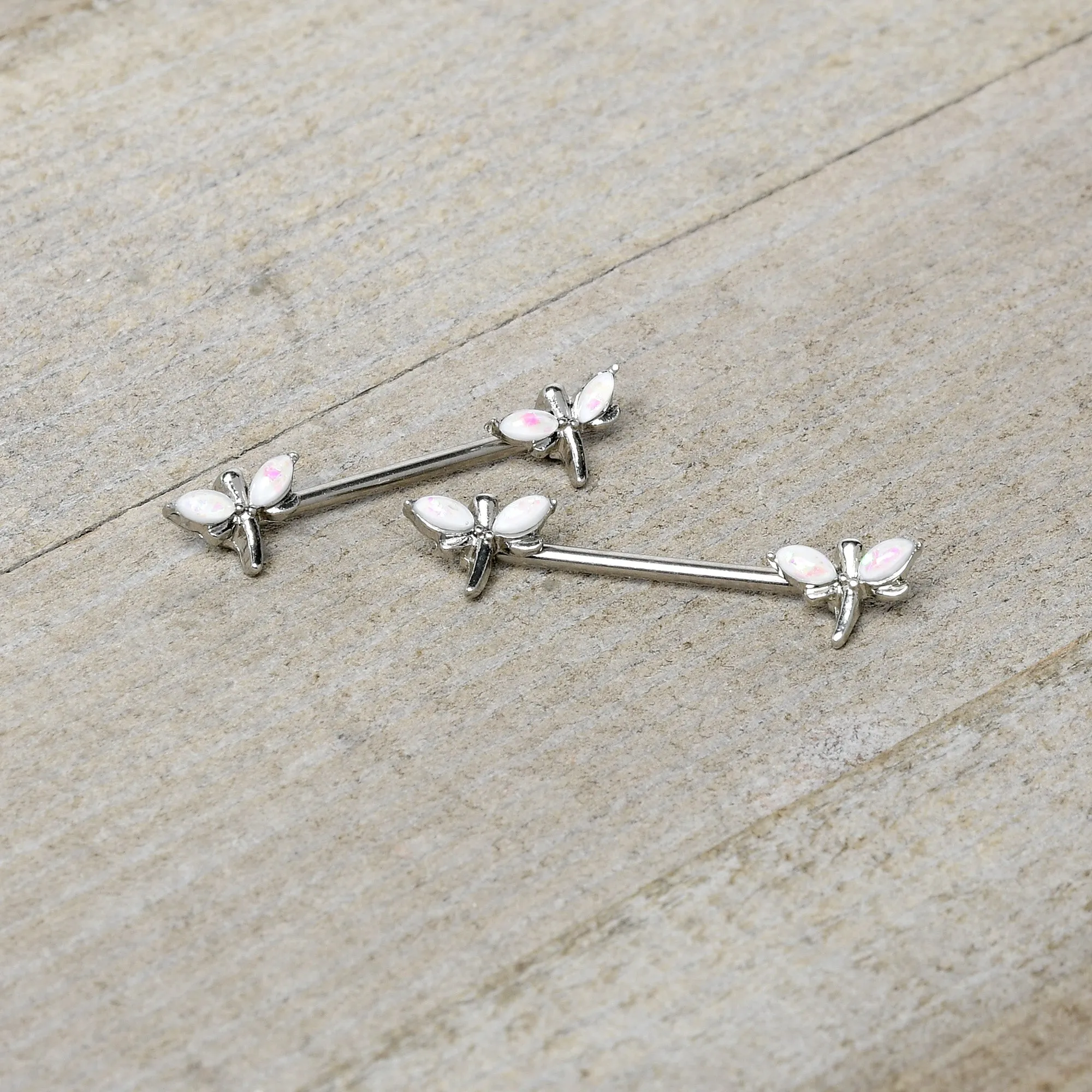 14 Gauge 5/8 White Faux Opal Styled Dragonfly Barbell Nipple Ring Set