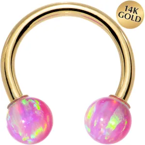 14 Gauge Solid 14KT Yellow Gold Pink Synthetic Opal Horseshoe Barbell