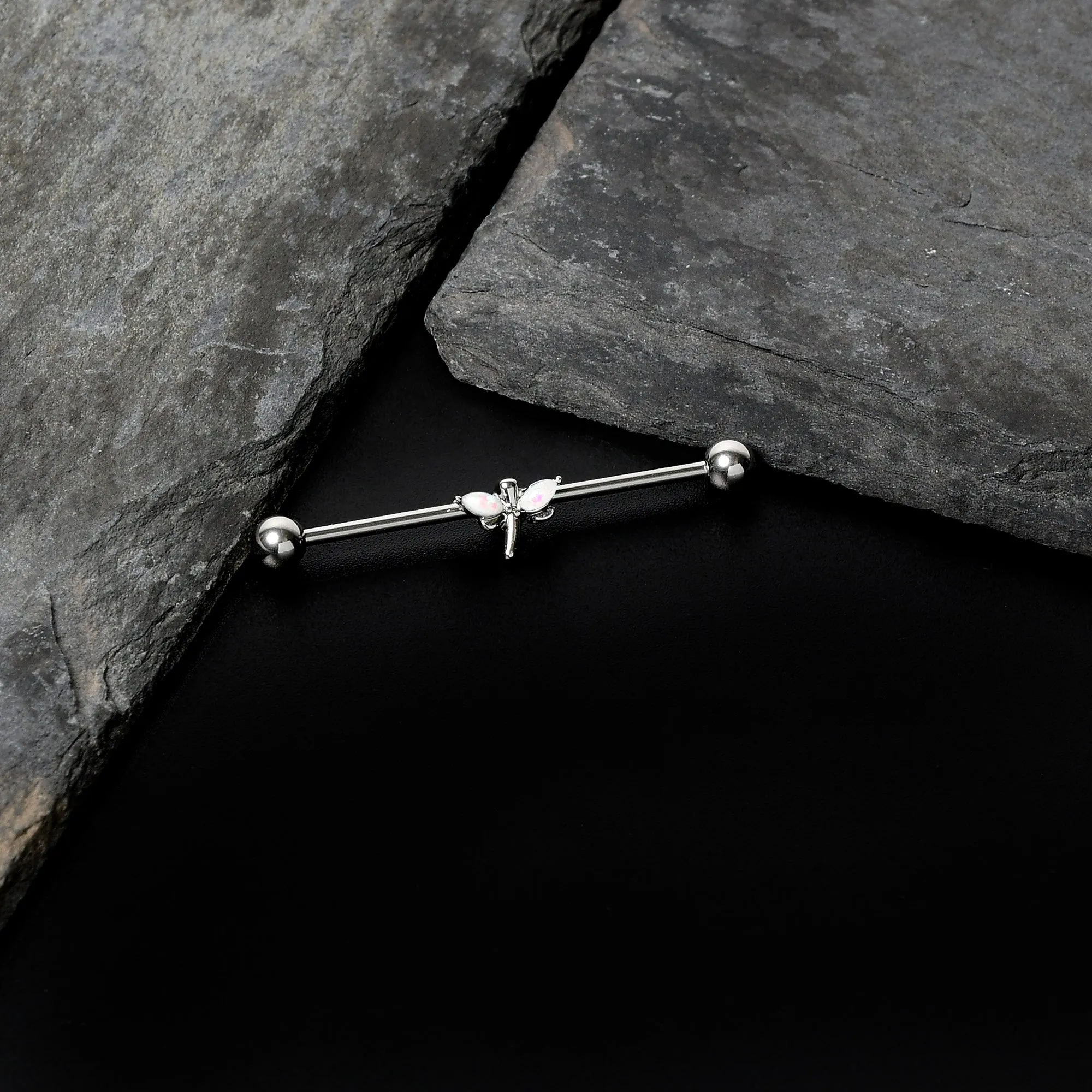 14 Gauge White Faux Opal Simple Style Dragonfly Industrial Barbell 38mm