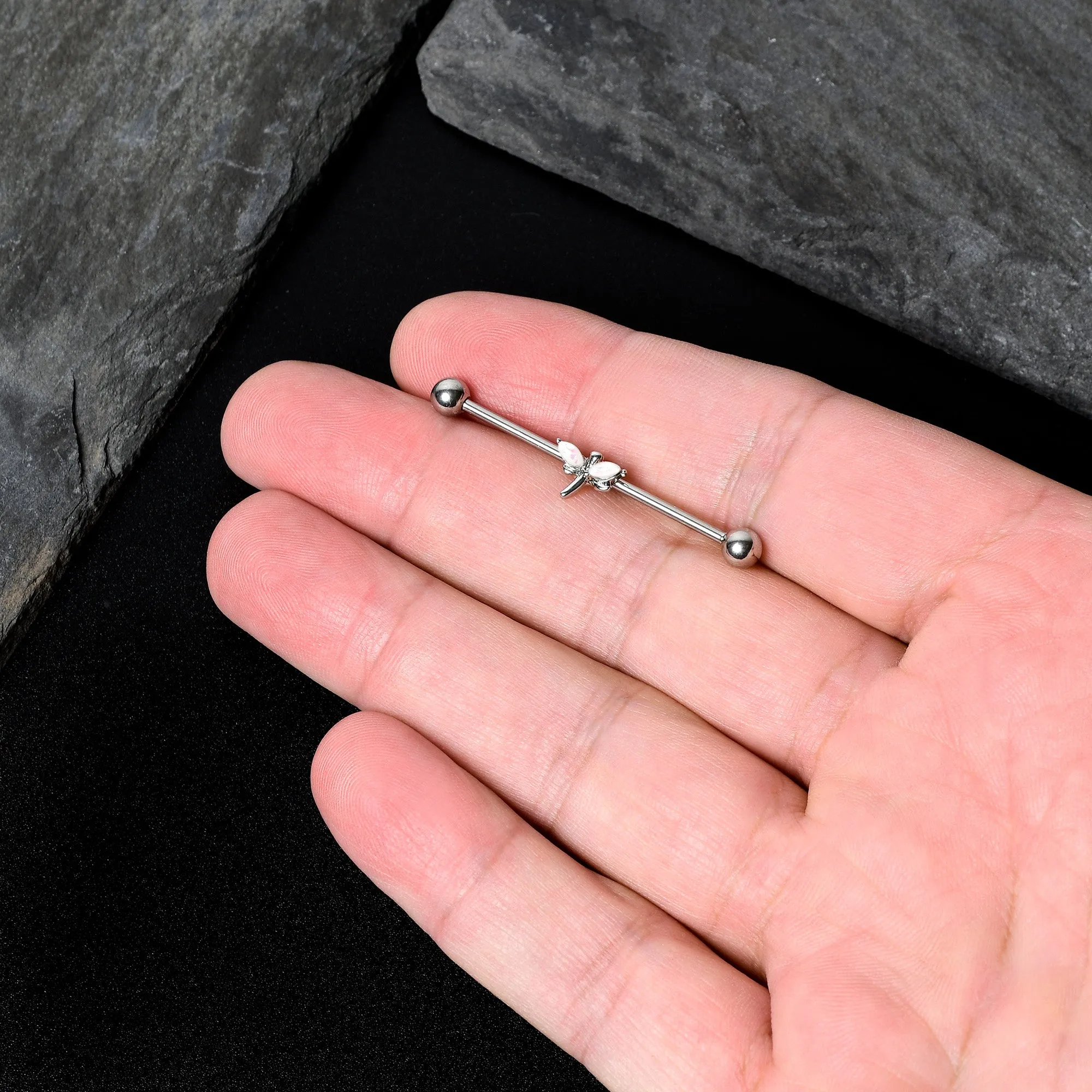 14 Gauge White Faux Opal Simple Style Dragonfly Industrial Barbell 38mm