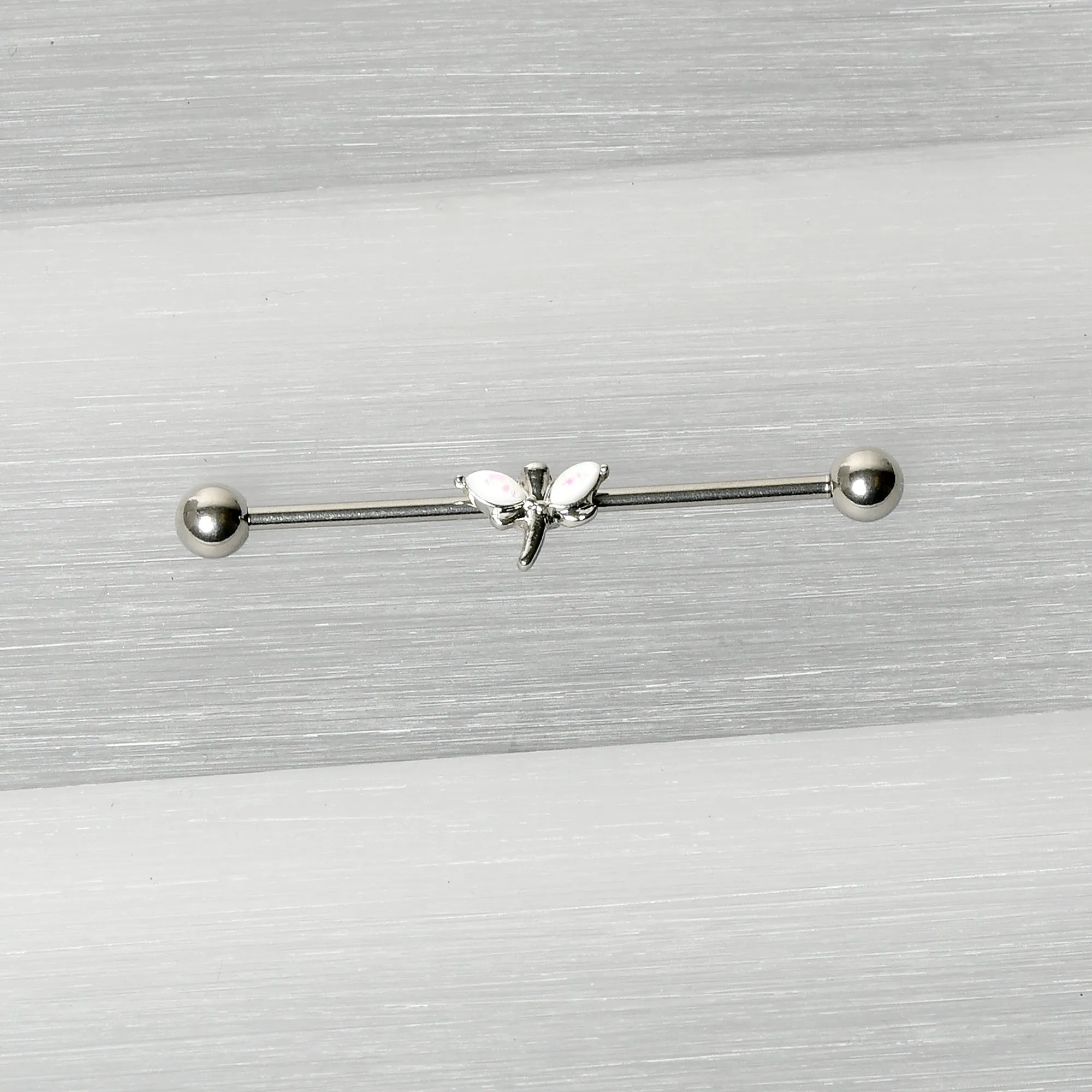14 Gauge White Faux Opal Simple Style Dragonfly Industrial Barbell 38mm