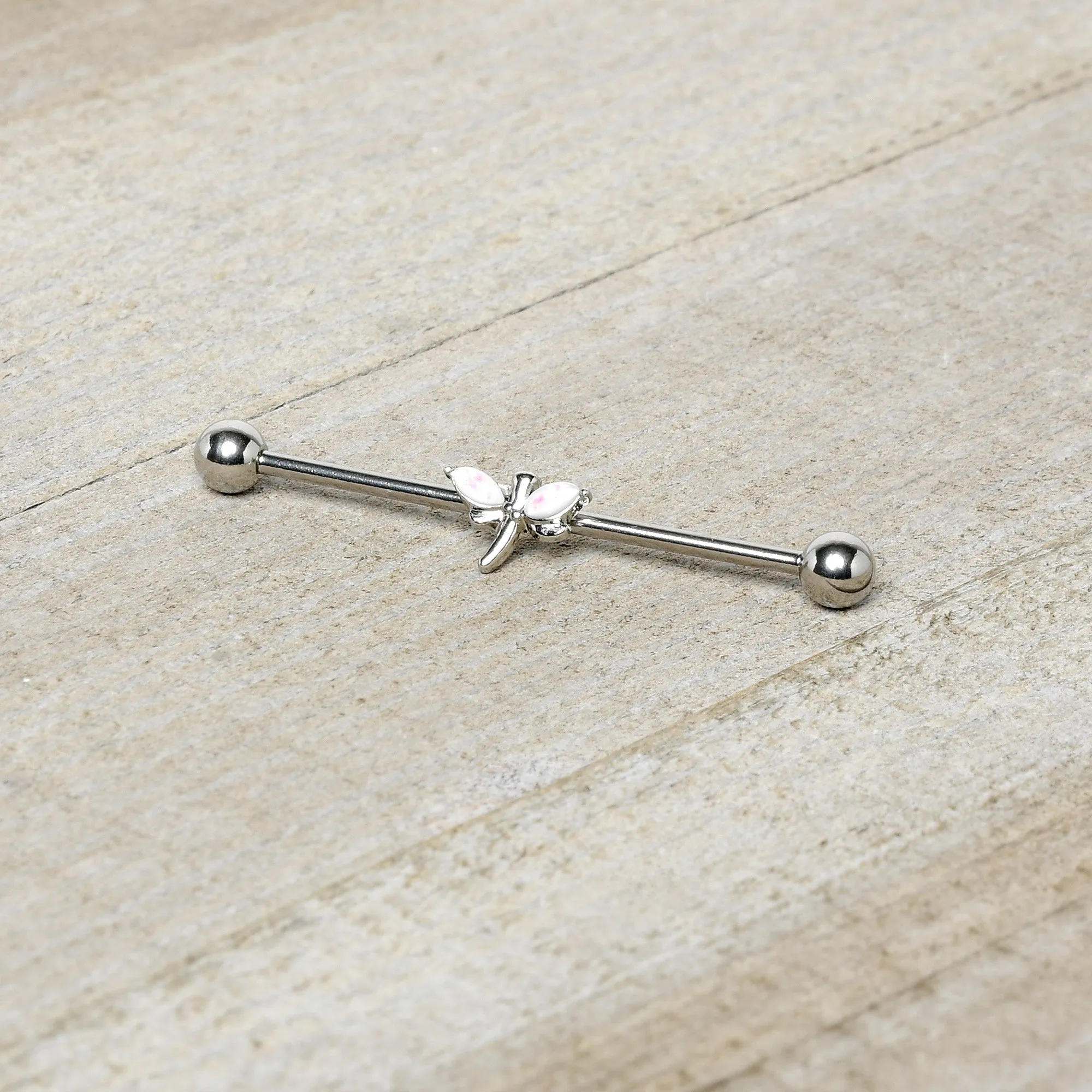 14 Gauge White Faux Opal Simple Style Dragonfly Industrial Barbell 38mm