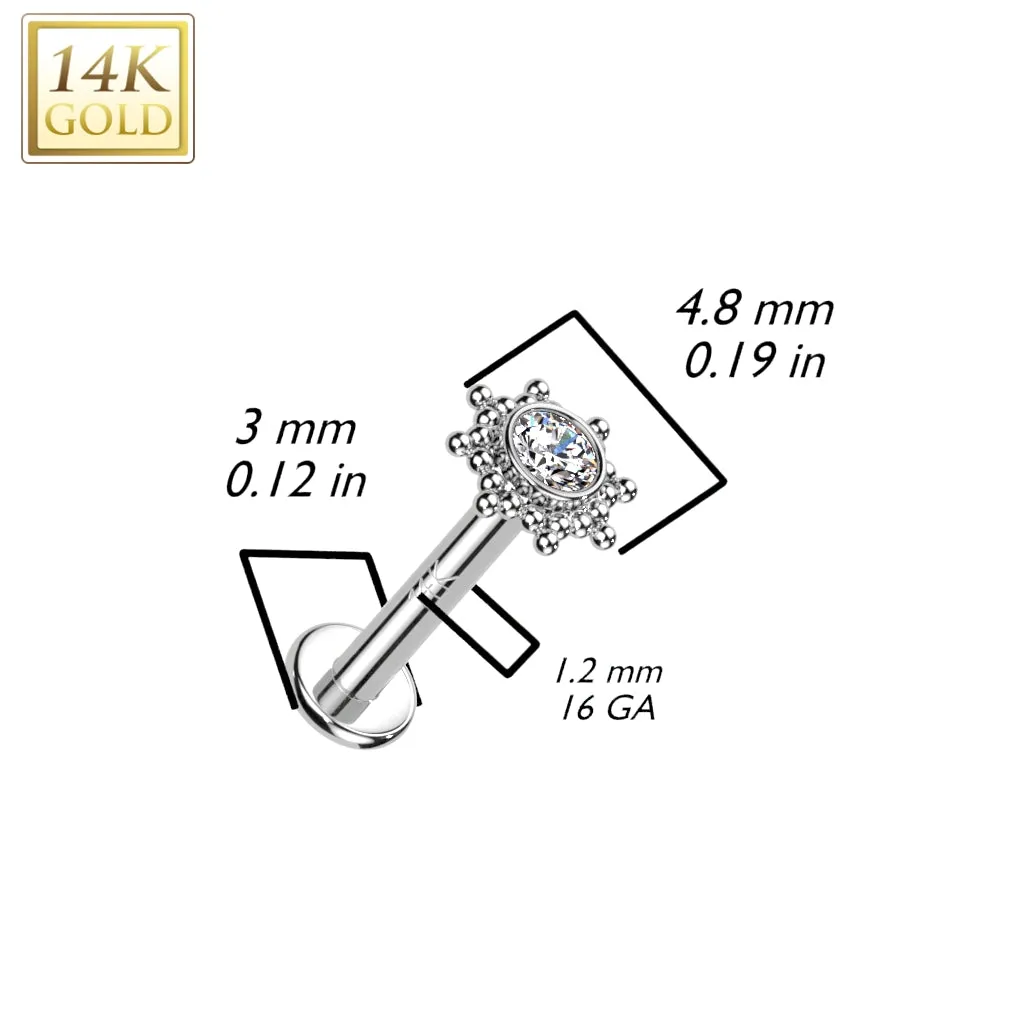 14K Solid Gold Internally Threaded Stud CZ Opal Tribal Sun Top Labret Tragus