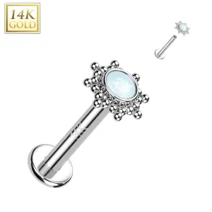 14K Solid Gold Internally Threaded Stud CZ Opal Tribal Sun Top Labret Tragus
