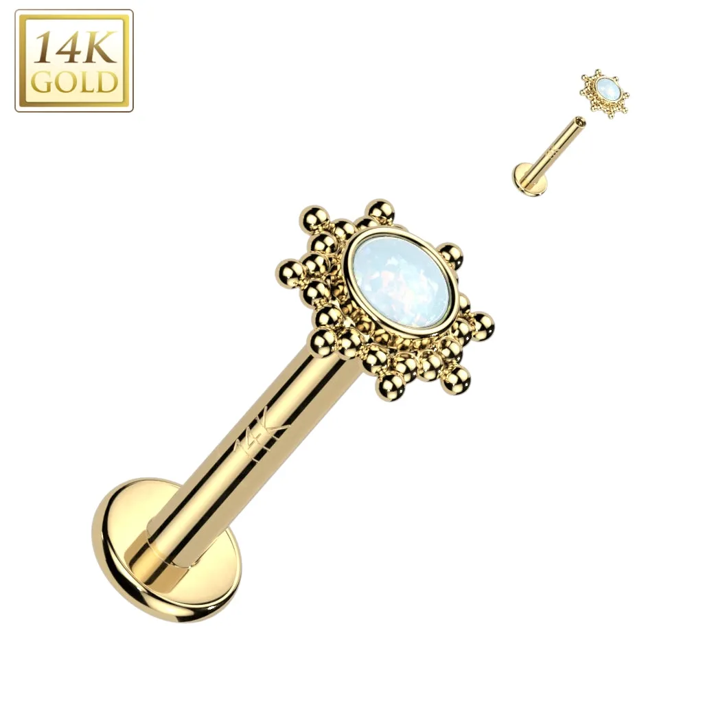 14K Solid Gold Internally Threaded Stud CZ Opal Tribal Sun Top Labret Tragus