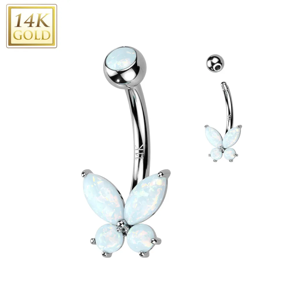 14K Solid Gold Opal or CZ Butterfly Belly Button Navel Ring