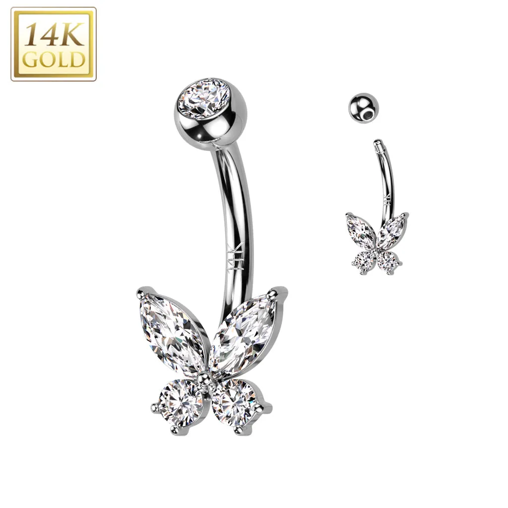 14K Solid Gold Opal or CZ Butterfly Belly Button Navel Ring
