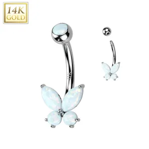 14K Solid Gold Opal or CZ Butterfly Belly Button Navel Ring