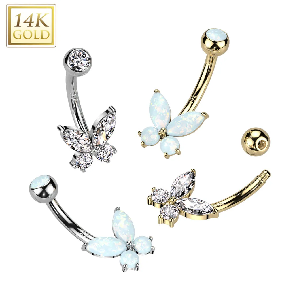 14K Solid Gold Opal or CZ Butterfly Belly Button Navel Ring