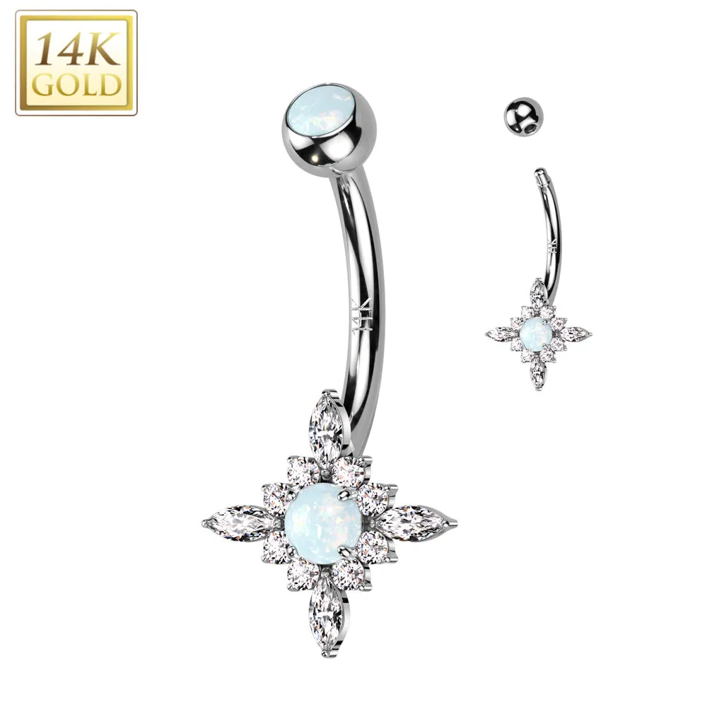 14K Solid Gold Starburst Center Opal or CZ Belly Button Navel Ring