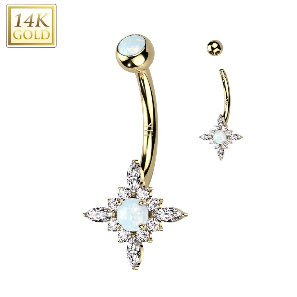 14K Solid Gold Starburst Center Opal or CZ Belly Button Navel Ring