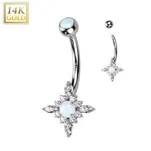 14K Solid Gold Starburst Center Opal or CZ Belly Button Navel Ring