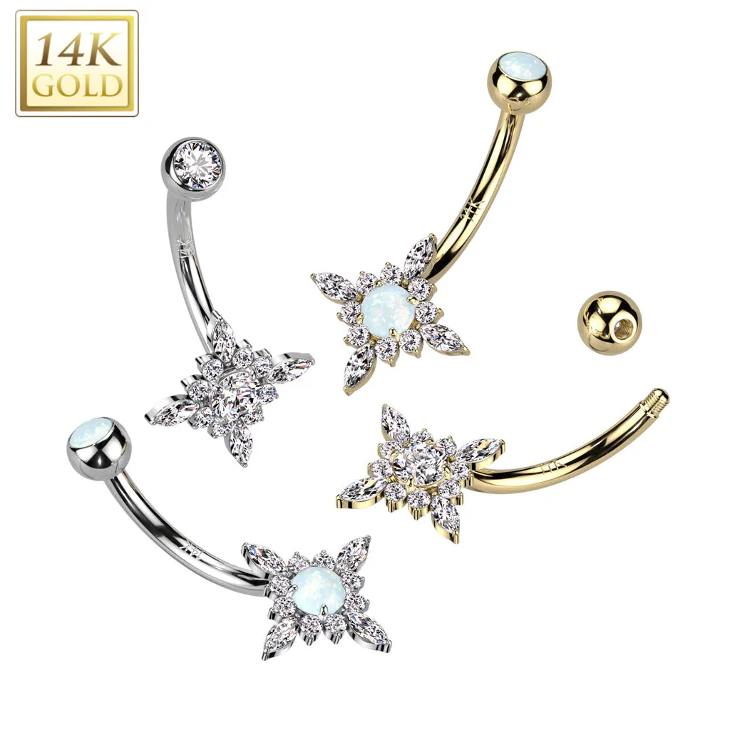14K Solid Gold Starburst Center Opal or CZ Belly Button Navel Ring
