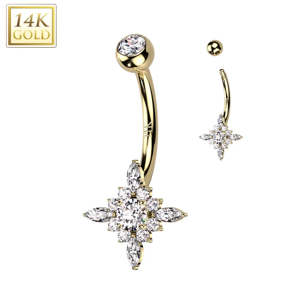 14K Solid Gold Starburst Center Opal or CZ Belly Button Navel Ring