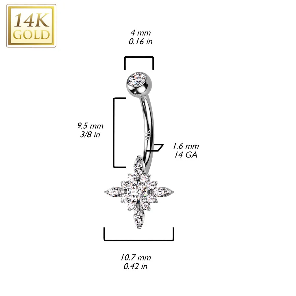 14K Solid Gold Starburst Center Opal or CZ Belly Button Navel Ring