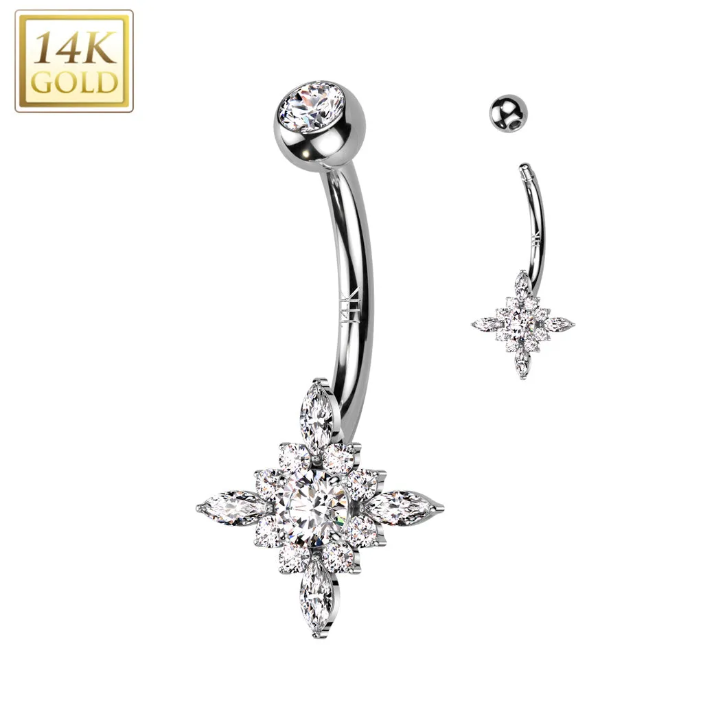 14K Solid Gold Starburst Center Opal or CZ Belly Button Navel Ring