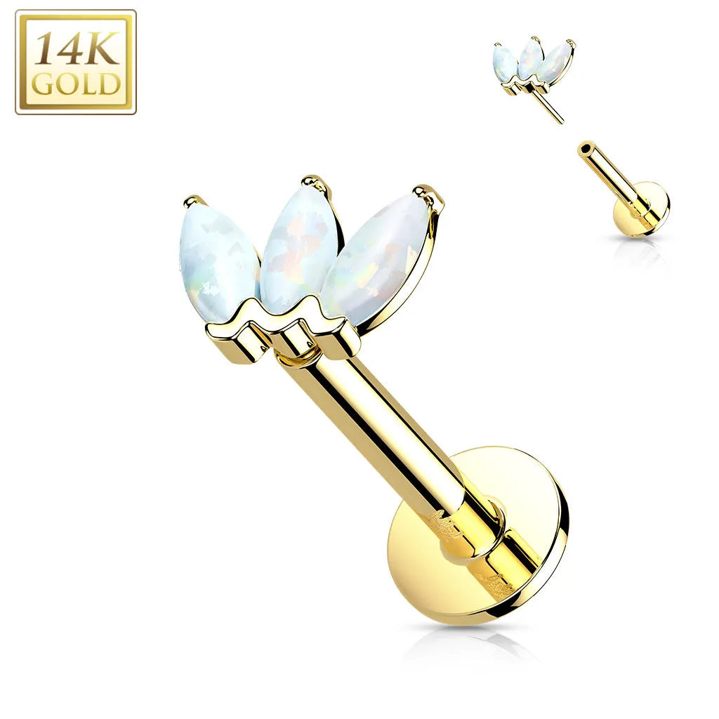 14K Solid Gold Threadless Opal Marquise Top Labret Flat Back Stud