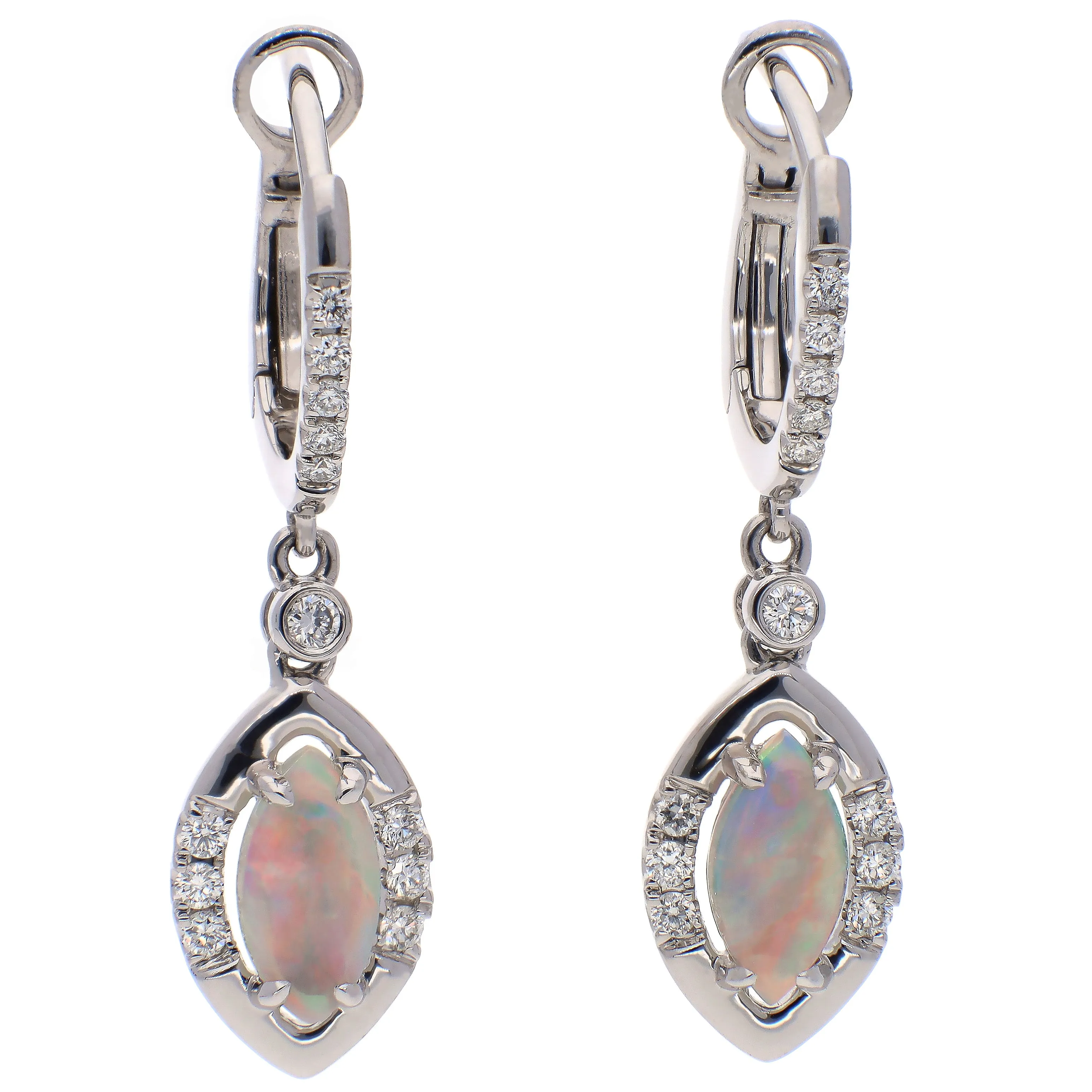 14K White Gold Marquise Cut Opal and Diamond Dangle Earrings