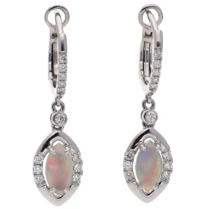 14K White Gold Marquise Cut Opal and Diamond Dangle Earrings