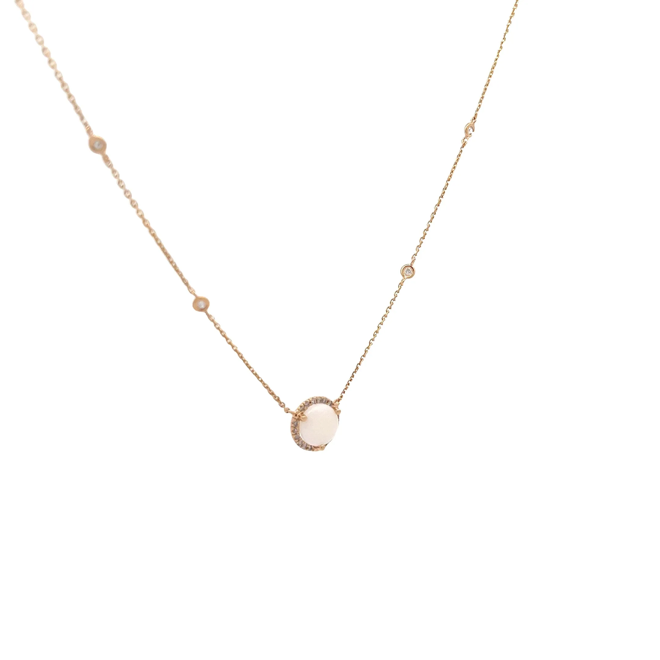 14K YELLOW GOLD  1CT ROUND OPAL AND .20CT HALO DIAMOND 18" INCHE NECKLACE
