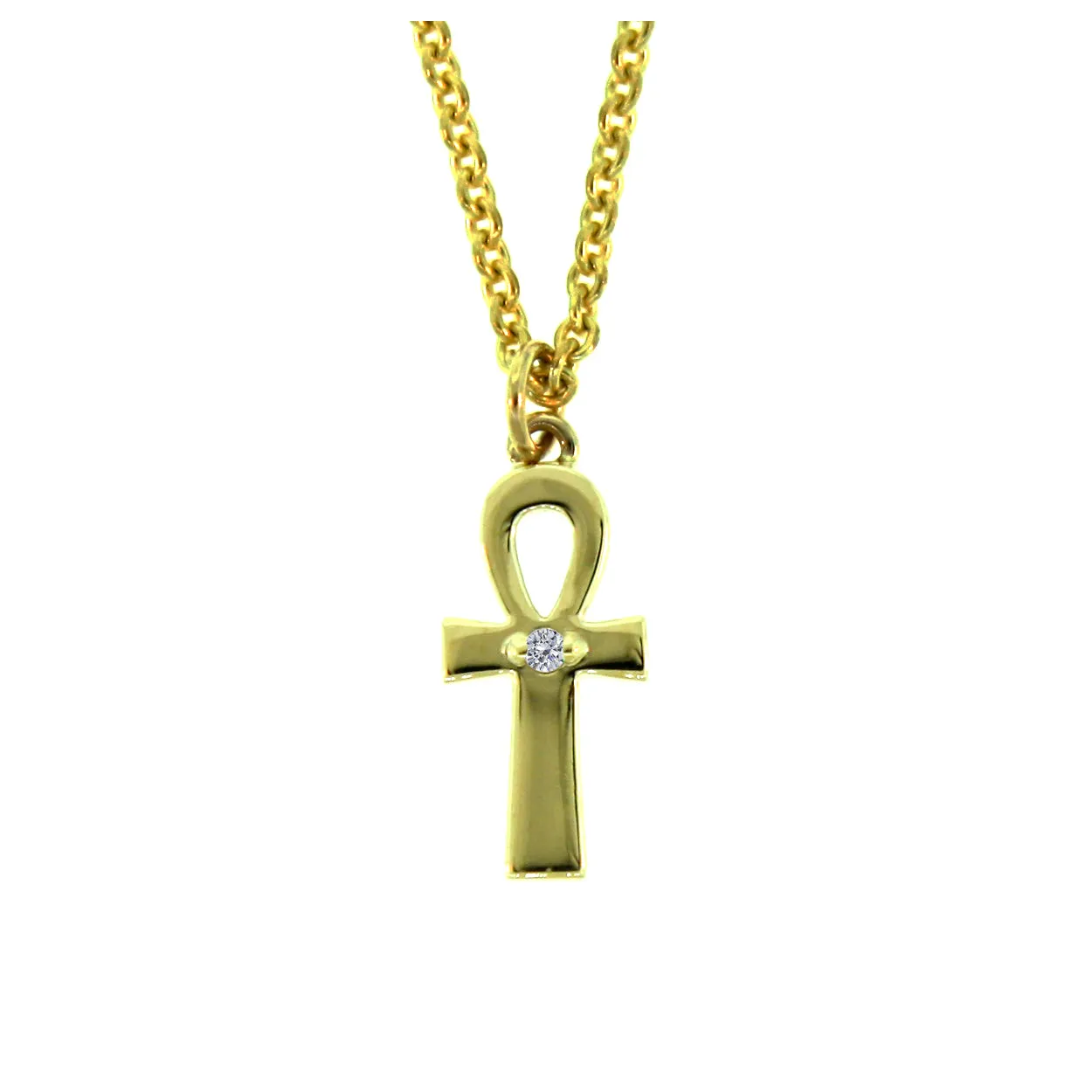 14k Yellow Gold Ankh Diamond Pendant and Chain Necklace for Women