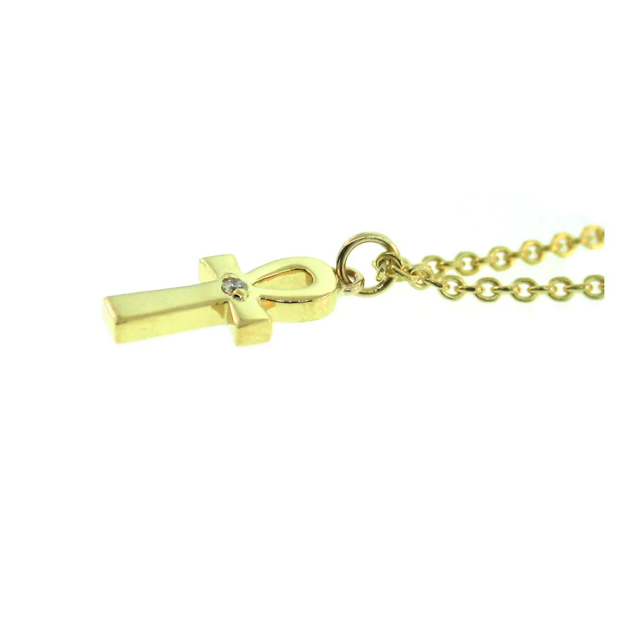 14k Yellow Gold Ankh Diamond Pendant and Chain Necklace for Women