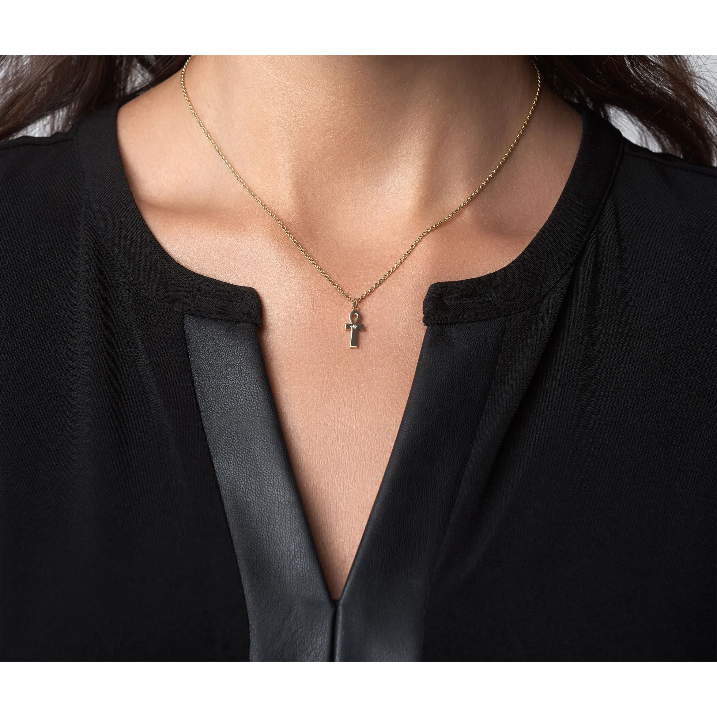 14k Yellow Gold Ankh Diamond Pendant and Chain Necklace for Women