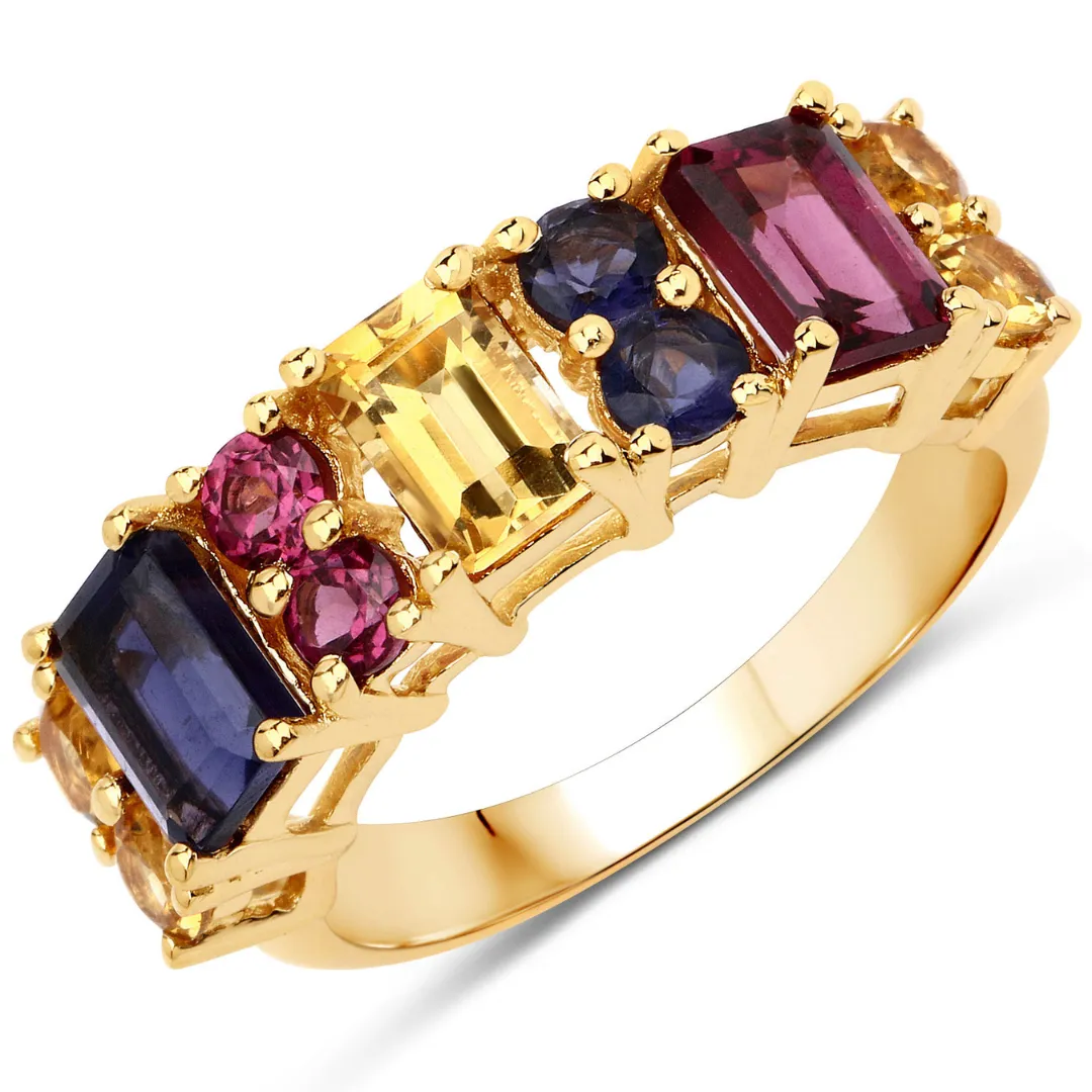 14K Yellow Gold-Plated Multi Stones Sterling Silver Cluster Ring