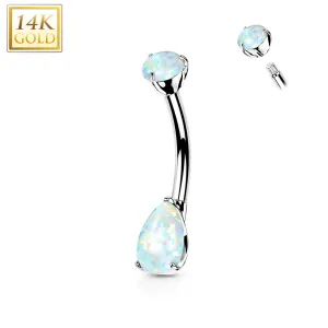14kt Solid White Gold Double Prong Set Teardrop Synthetic Opal Belly Ring