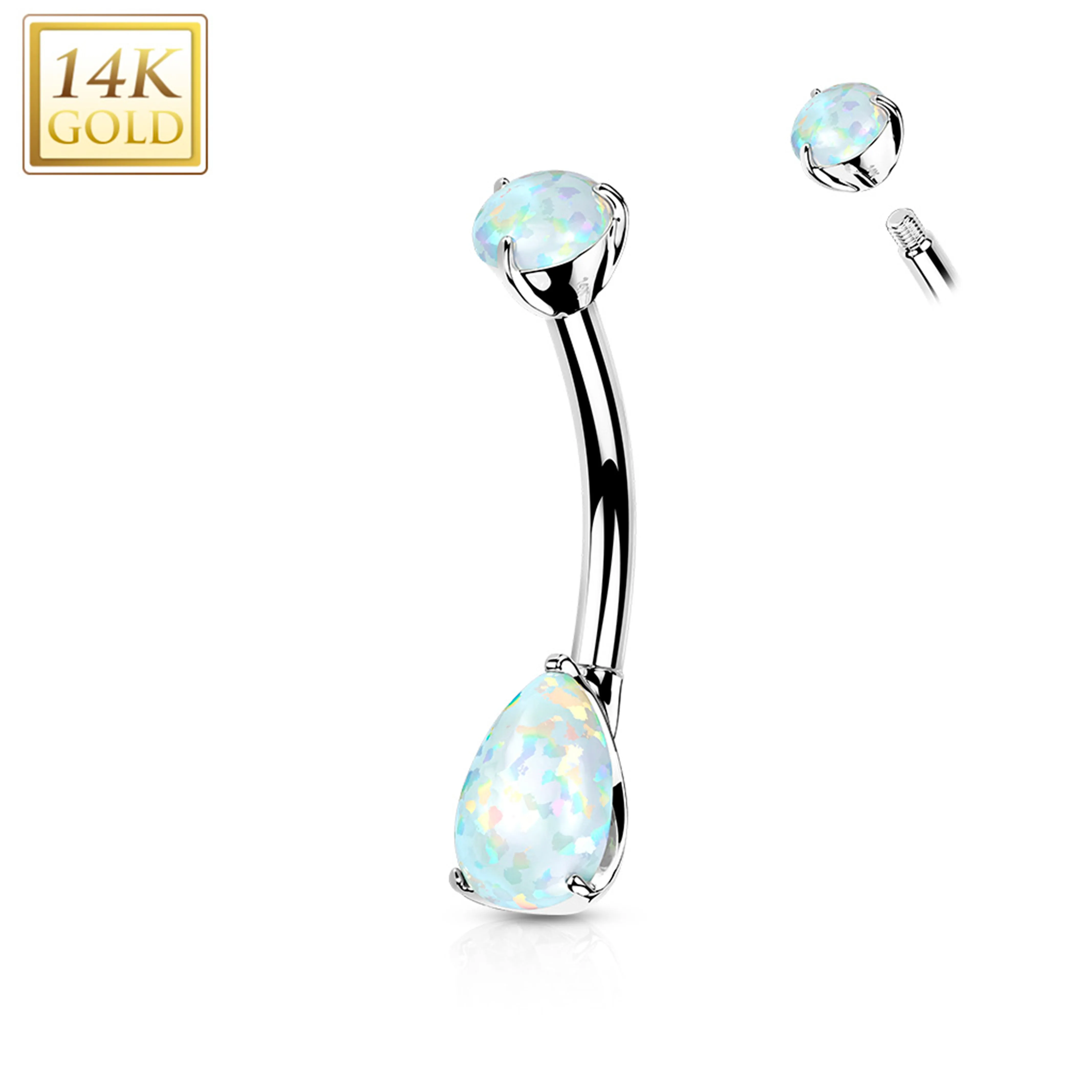 14kt Solid White Gold Double Prong Set Teardrop Synthetic Opal Belly Ring