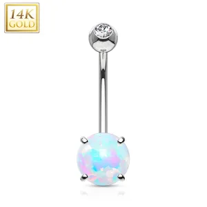 14kt Solid White Gold Regal CZ 6mm Synthetic Opal Belly Ring