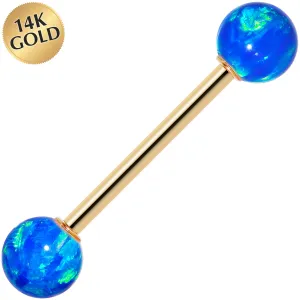 14kt Yellow Gold 6mm Blue Synthetic Opal Barbell Tongue Ring 14 Gauge 5/8