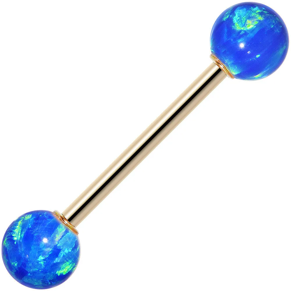 14kt Yellow Gold 6mm Blue Synthetic Opal Barbell Tongue Ring 14 Gauge 5/8