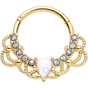 16 Gauge 3/8 White Faux Opal Gold Tone Lace Lover Hinged Segment Ring