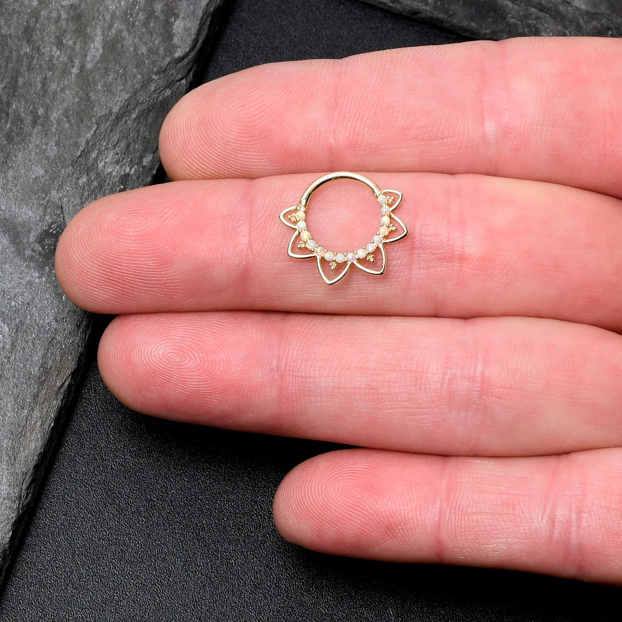 16 Gauge 3/8 White Synthetic Opal 14kt Yellow Gold Filigree Hinged Segment Ring