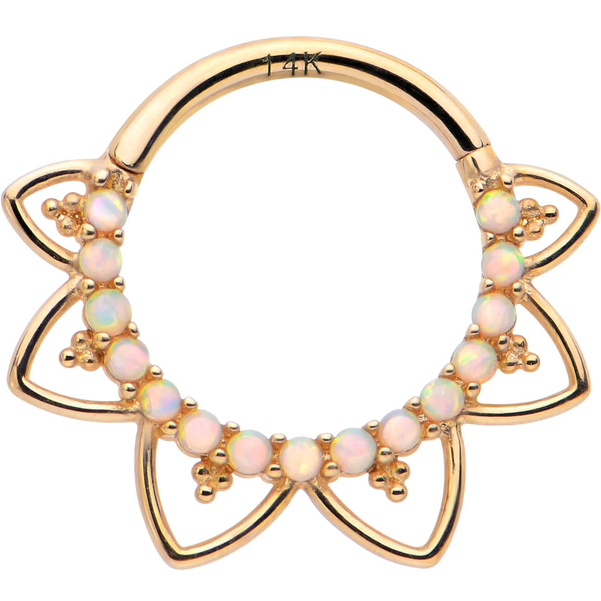 16 Gauge 3/8 White Synthetic Opal 14kt Yellow Gold Filigree Hinged Segment Ring