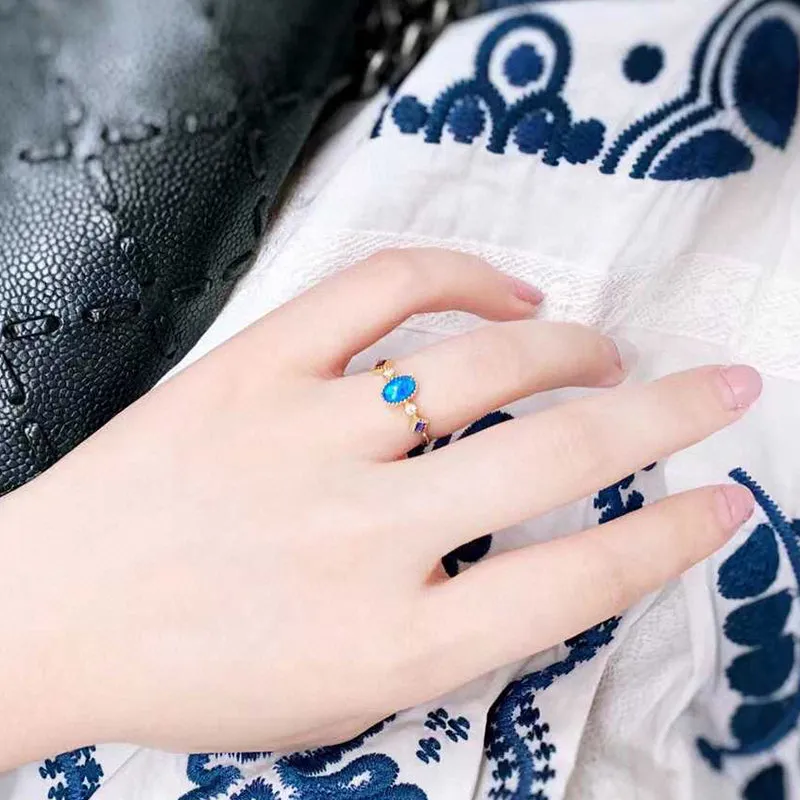 18K Gold 0.08ct Oval Cut Natural Opal Gemstone Ring