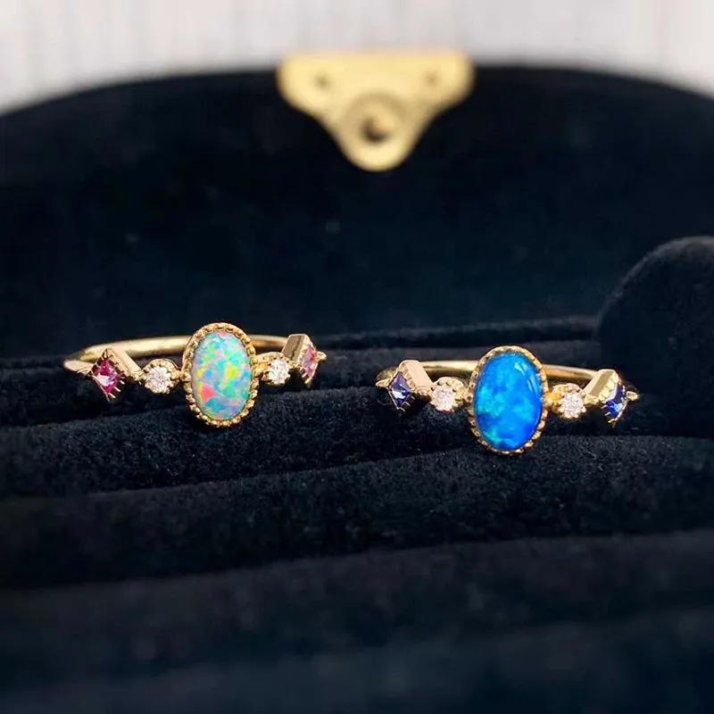 18K Gold 0.08ct Oval Cut Natural Opal Gemstone Ring