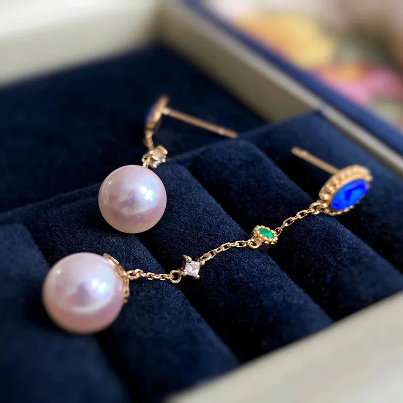 18K Gold 0.13ct Natural Opal Akoya Pearl Diamond Emerald Drop Earrings