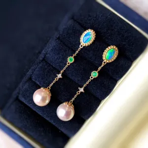 18K Gold 0.13ct Natural Opal Akoya Pearl Diamond Emerald Drop Earrings